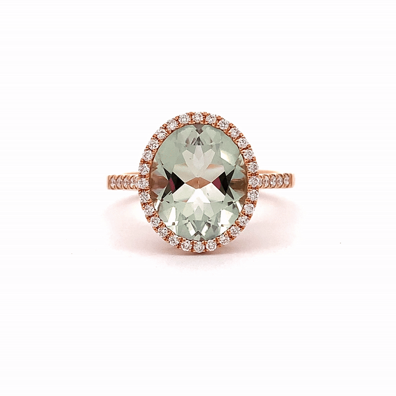 Set Anillo y Arracadas Luxe Oro Rosa 18K con Prasiolitas y Diamantes.