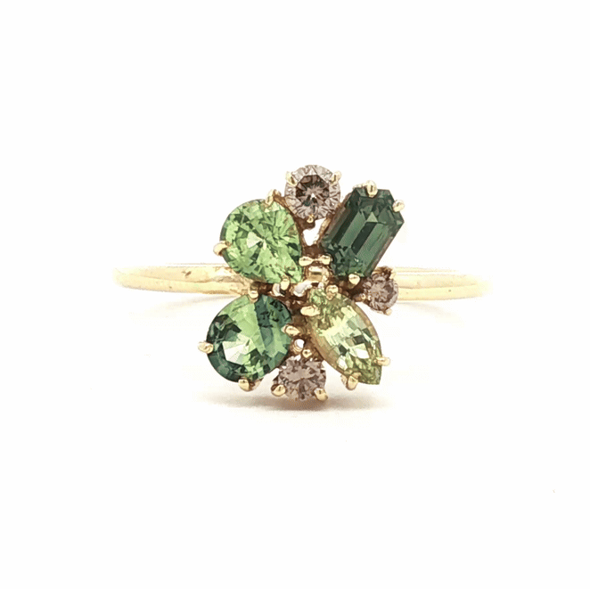 Anillo Meteoro Laurel Oro Amarillo 14K con Zafiros y Diamantes.