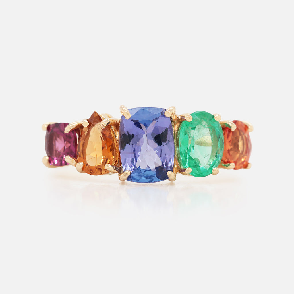 Anillo Prismatic Oro Amarillo 14K con Granate, Citrino, Tanzanita, Esmeralda y Zafiro.