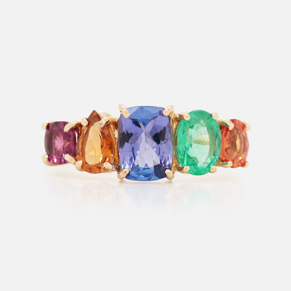 Anillo Prismatic Oro Amarillo 14K con Granate, Citrino, Tanzanita, Esmeralda y Zafiro.