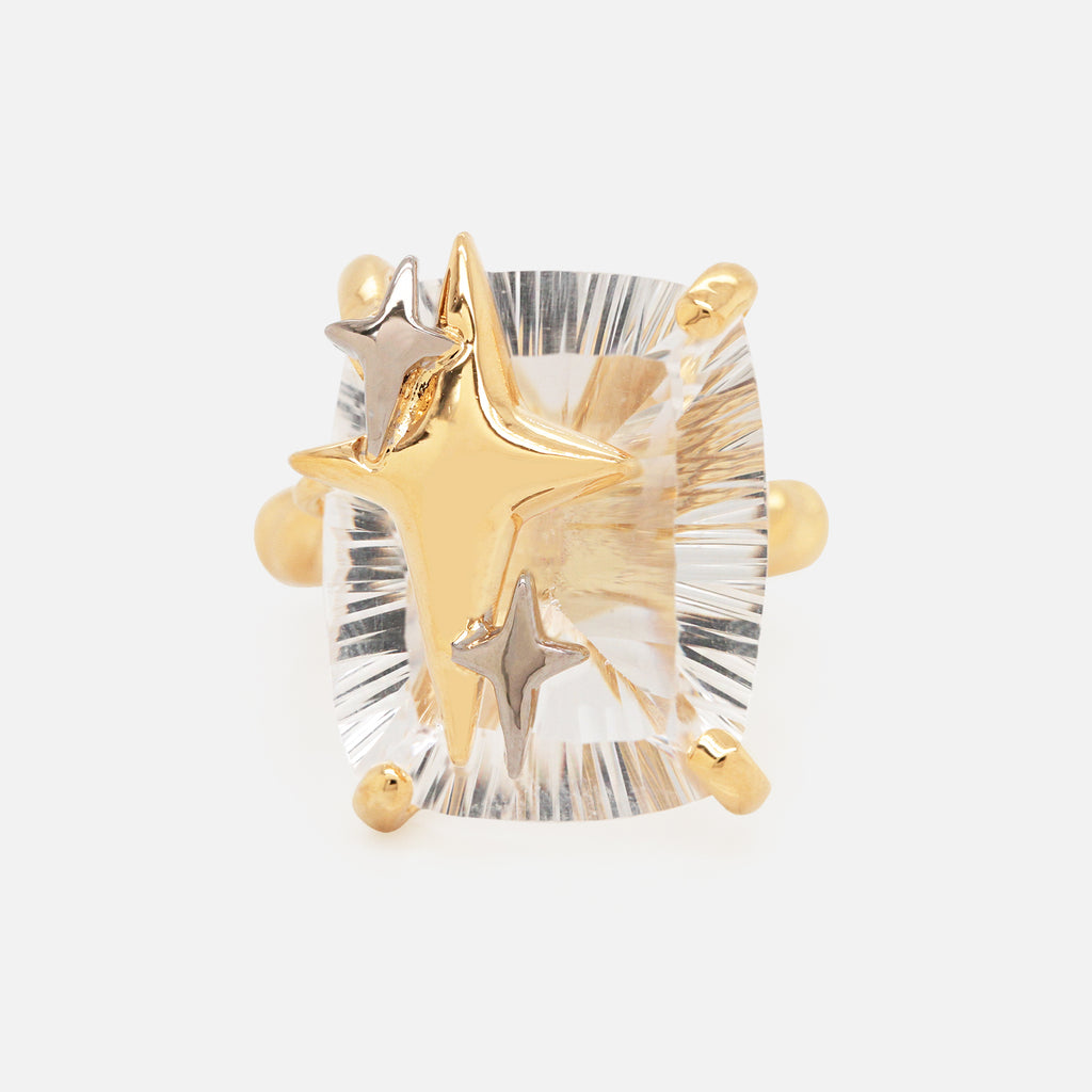 Anillo Spark Plata. 925 con Chapa de Oro 14K y Cuarzo Cristal Cushion.