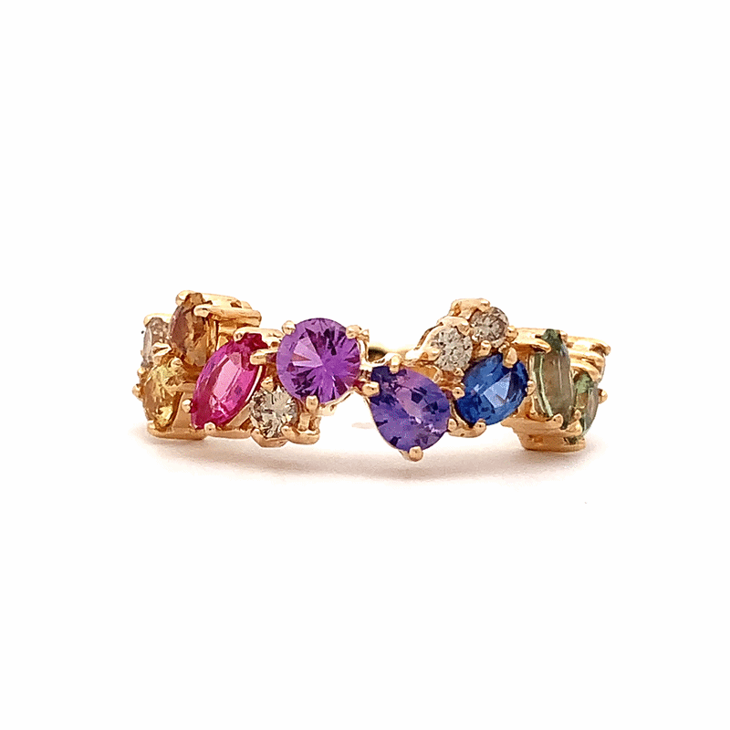 Anillo Andromeda Rainbow Oro Amarillo 14K con Zafiros y Diamantes.