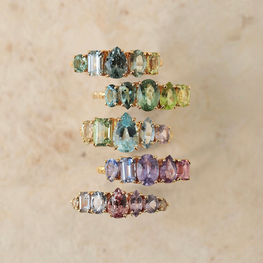 Anillo Atom Seafoam Oro Amarillo 14K con Crisoberilo, Zafiro, Espinela y Turmalina.