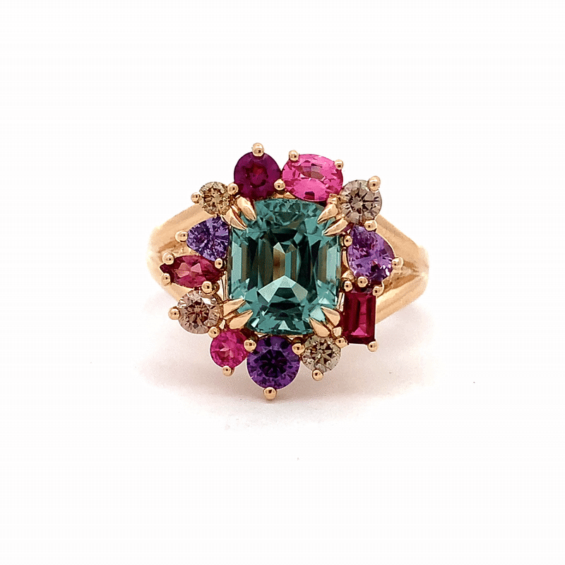 Anillo Botanical Peonia Oro Amarillo 14K con Aquamarina, Tanzanita, Amatista, Zafiro y Ópalo.