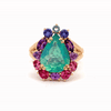 Anillo Botanical Peonia Oro Amarillo 14K con Aquamarina, Tanzanita, Amatista, Zafiro y Ópalo.