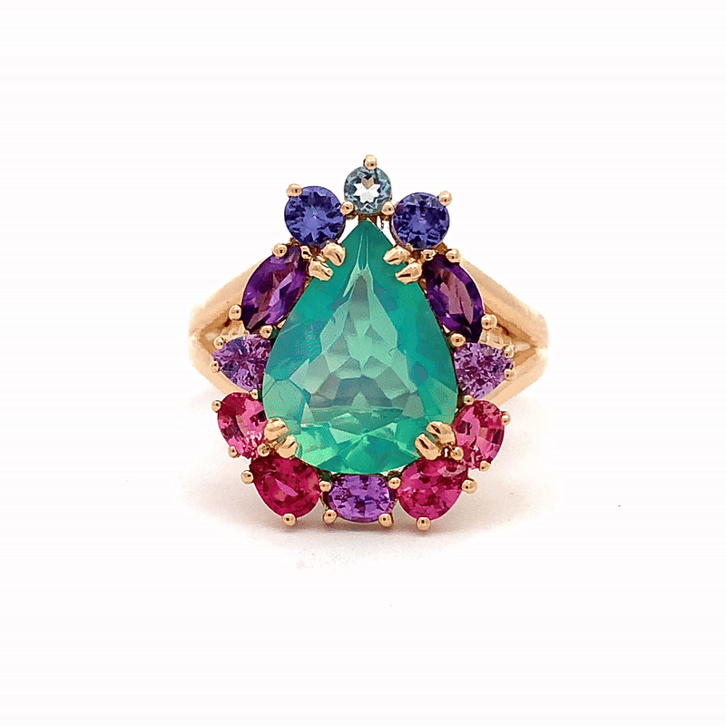 Anillo Botanical Peonia Oro Amarillo 14K con Aquamarina, Tanzanita, Amatista, Zafiro y Ópalo.
