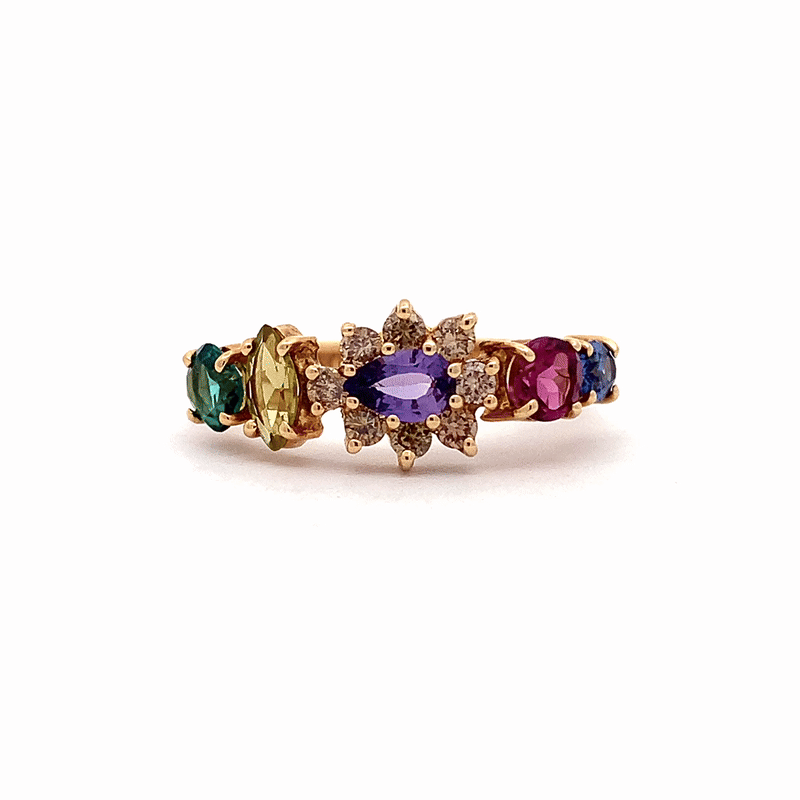 Anillo Botanical Poppy Joy Oro Amarillo 14K con Zafiro, Rodolitas, Diamantes y Turmalinas.