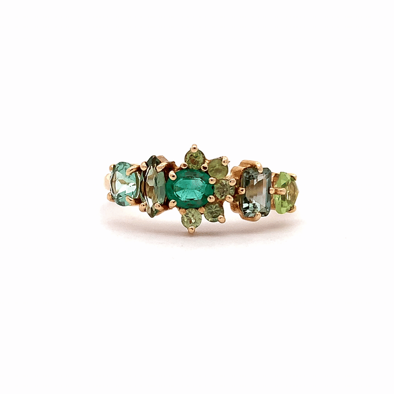 Anillo Botanical Poppy Mint Oro Amarillo 14K con Esmeraldas, Peridoto y Turmalinas.