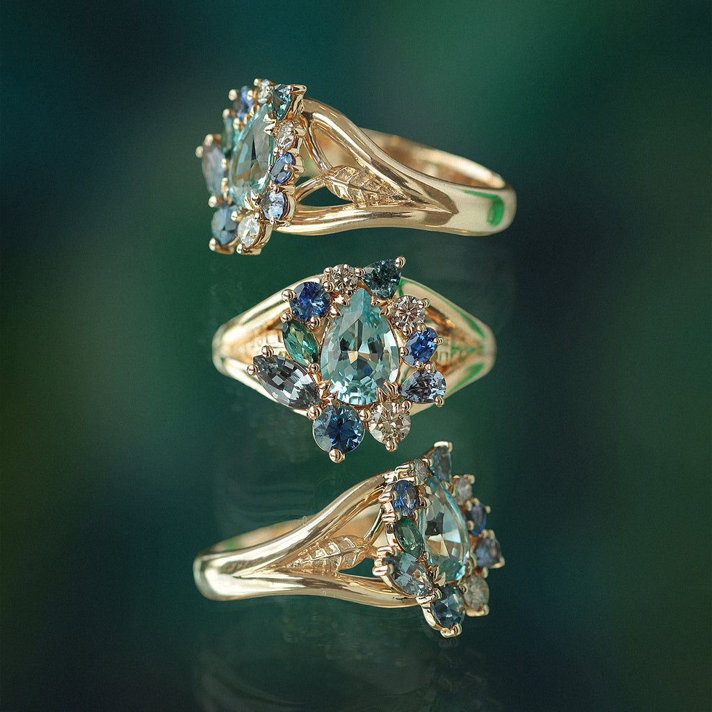 Anillo Botanical Narciso Oro Amarillo 14K con Diamantes, Zafiro, Turmalinas y Aquamarinas.