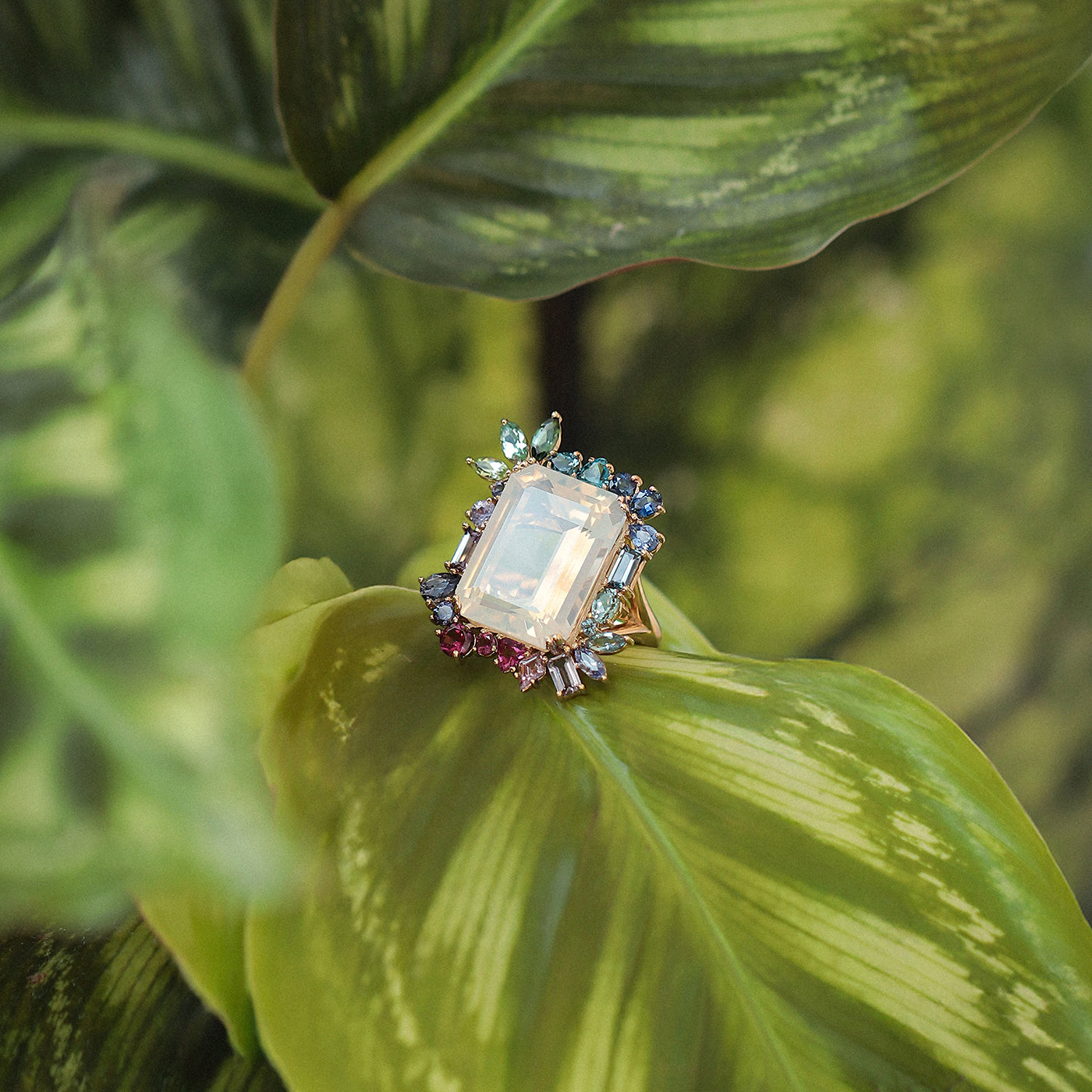  Anillo Botanical Primrose Oro Amarillo 14K con Piedra Luna, Topacio, Zafiros, Espinelas, Granates, Tanzanitas y Turmalinas.