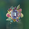 Anillo Botanical Violeta Oro Amarillo 14K con Tanzanita, Turmalina, Zafiro, Granate y Topacio London Blue.