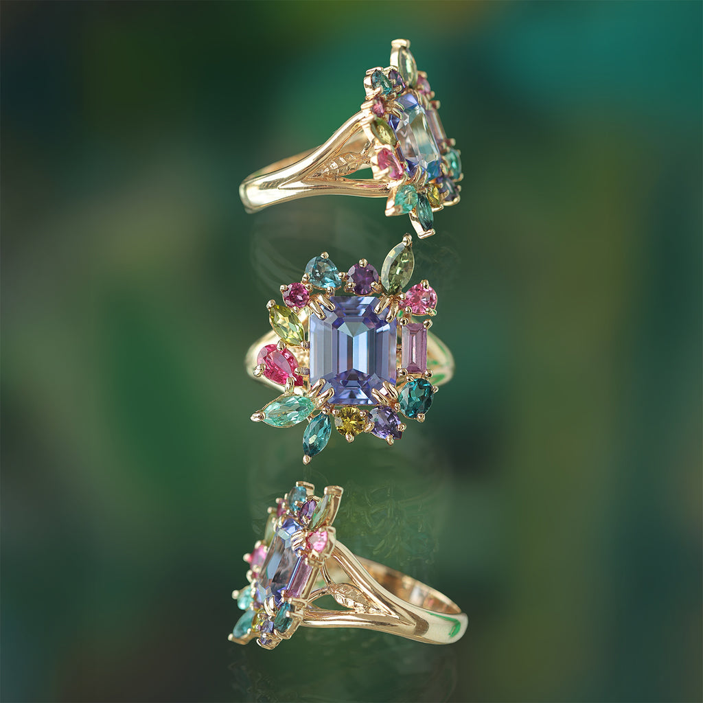 Anillo Botanical Violeta Oro Amarillo 14K con Tanzanita, Turmalina, Zafiro, Granate y Topacio London Blue.