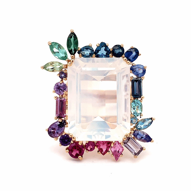  Anillo Botanical Primrose Oro Amarillo 14K con Piedra Luna, Topacio, Zafiros, Espinelas, Granates, Tanzanitas y Turmalinas.