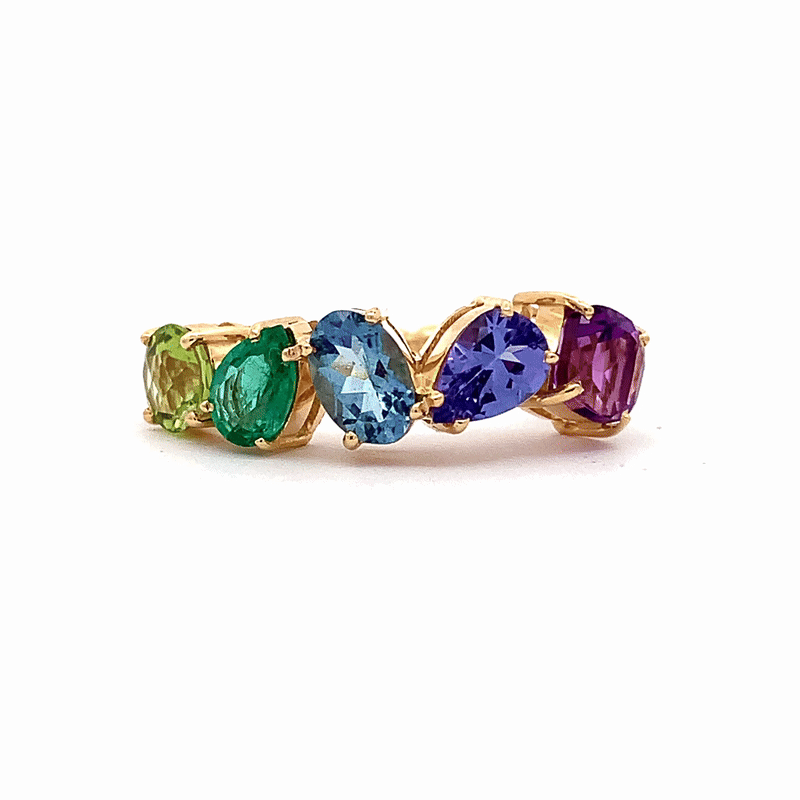 Anillo Centauro Daisy Oro Amarillo 14K con Peridoto, Esmeralda, Aquamarina, Tanzanita y Amatista.
