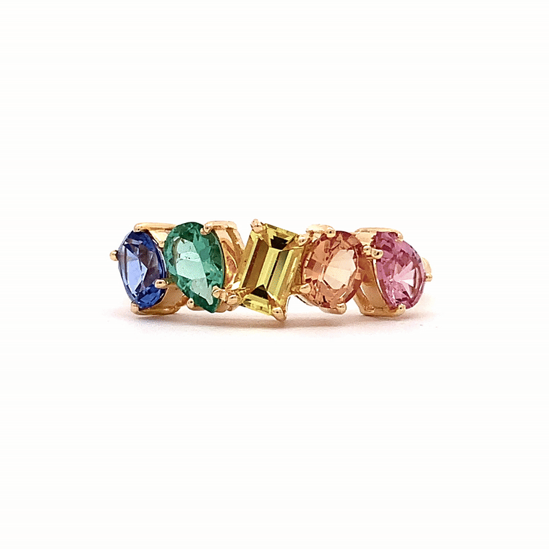 Anillo Centauro Rainbow Oro Amarillo 14K con Zafiros y Turmalina.