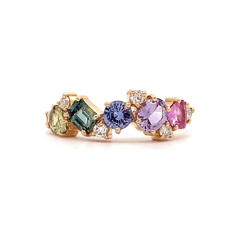 Anillo Cluster Aurora Oro Amarillo 14K con Zafiro y Diamantes.