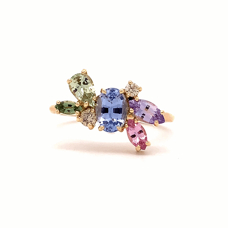 Anillo Galaxy Aurora Oro Amarillo 14K con Zafiro y Diamantes.