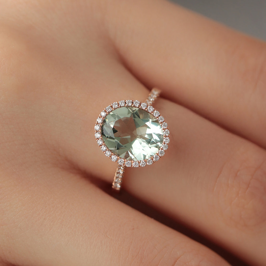Anillo Luxe Oro Rosa 18K con Prasiolita y Diamantes.