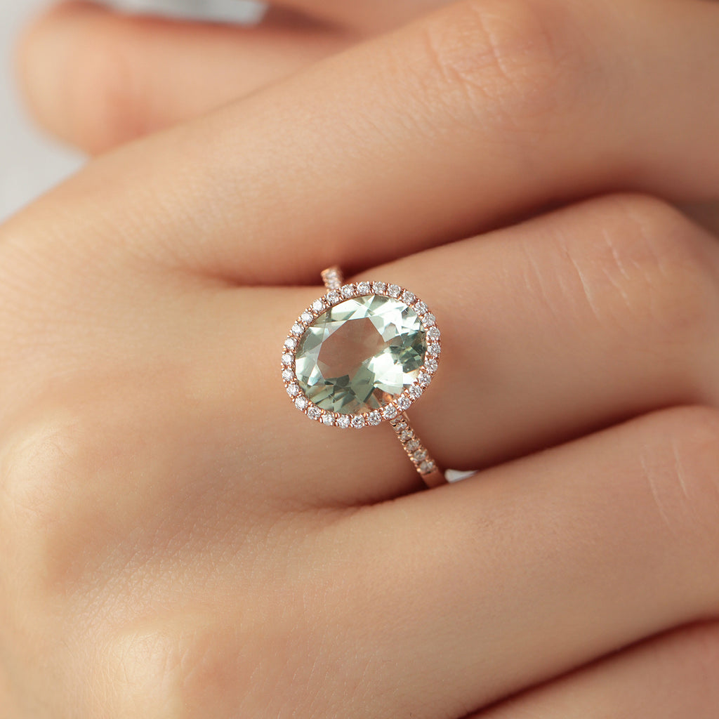 Anillo Luxe Oro Rosa 18K con Prasiolita y Diamantes.