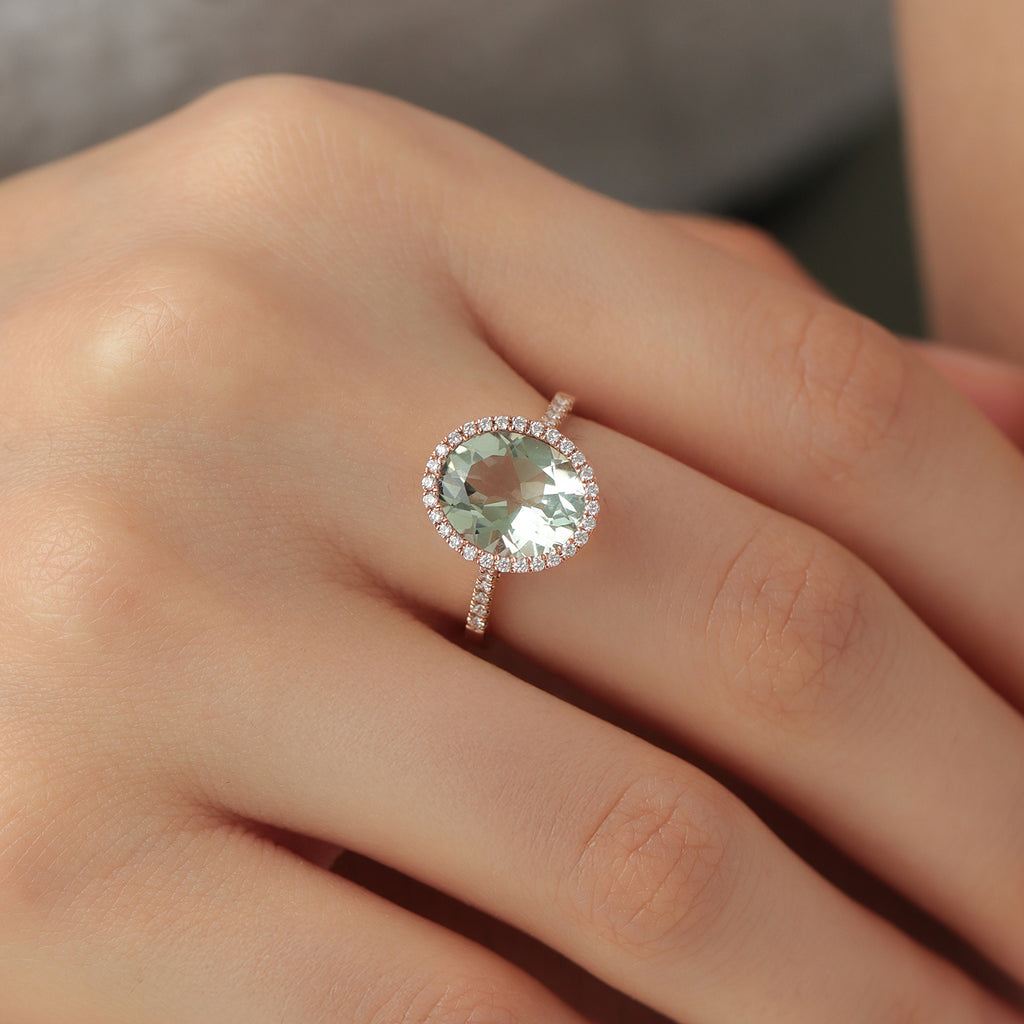 Set Anillo y Arracadas Luxe Oro Rosa 18K con Prasiolitas y Diamantes.