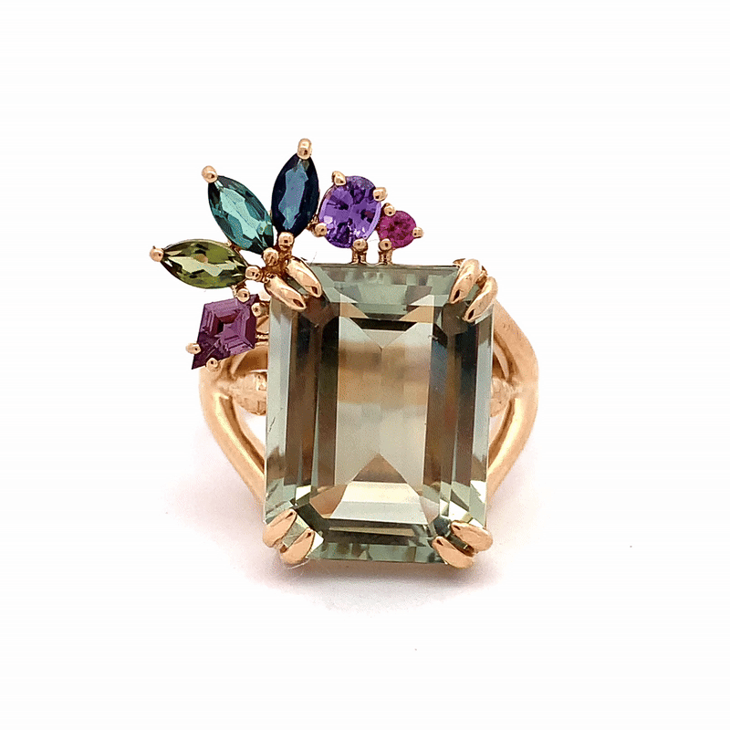 Anillo Botanical Monstera Oro Amarillo 14K con Prasiolitas, Zafiros, Turmalinas, Topacio London Blue y  Granate.