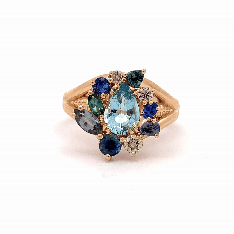 Anillo Botanical Narciso Oro Amarillo 14K con Diamantes, Zafiro, Turmalinas y Aquamarinas.