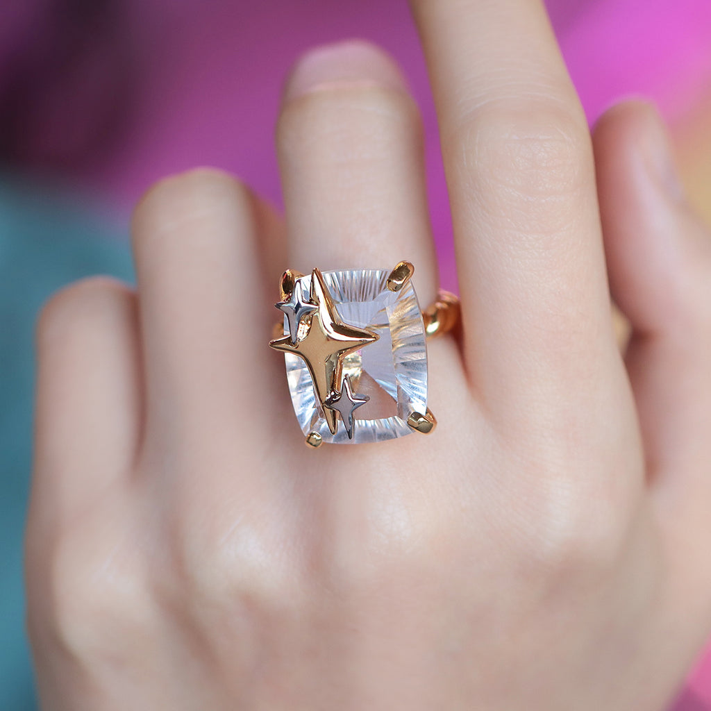 Anillo Spark Plata. 925 con Chapa de Oro 14K y Cuarzo Cristal Cushion.