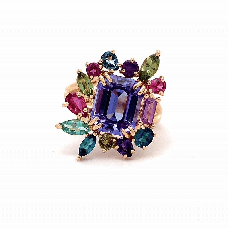 Anillo Botanical Violeta Oro Amarillo 14K con Tanzanita, Turmalina, Zafiro, Granate y Topacio London Blue.