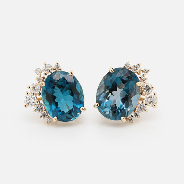 Aretes Anastacia Oro Amarillo 14K con Topacio London Blue y Diamantes.