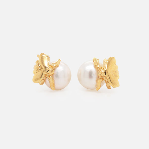 Aretes Bee Plata .925 con Chapa de Oro 14K con Perlas.