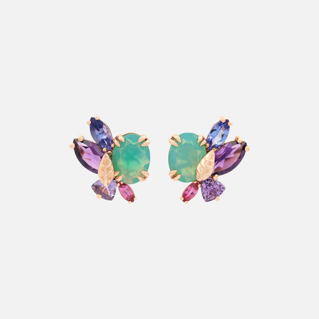 Aretes Botanical Lily Oro Amarillo 14K con Tanzanitas, Amatistas, Zafiros, Rubíes y Ópalos.