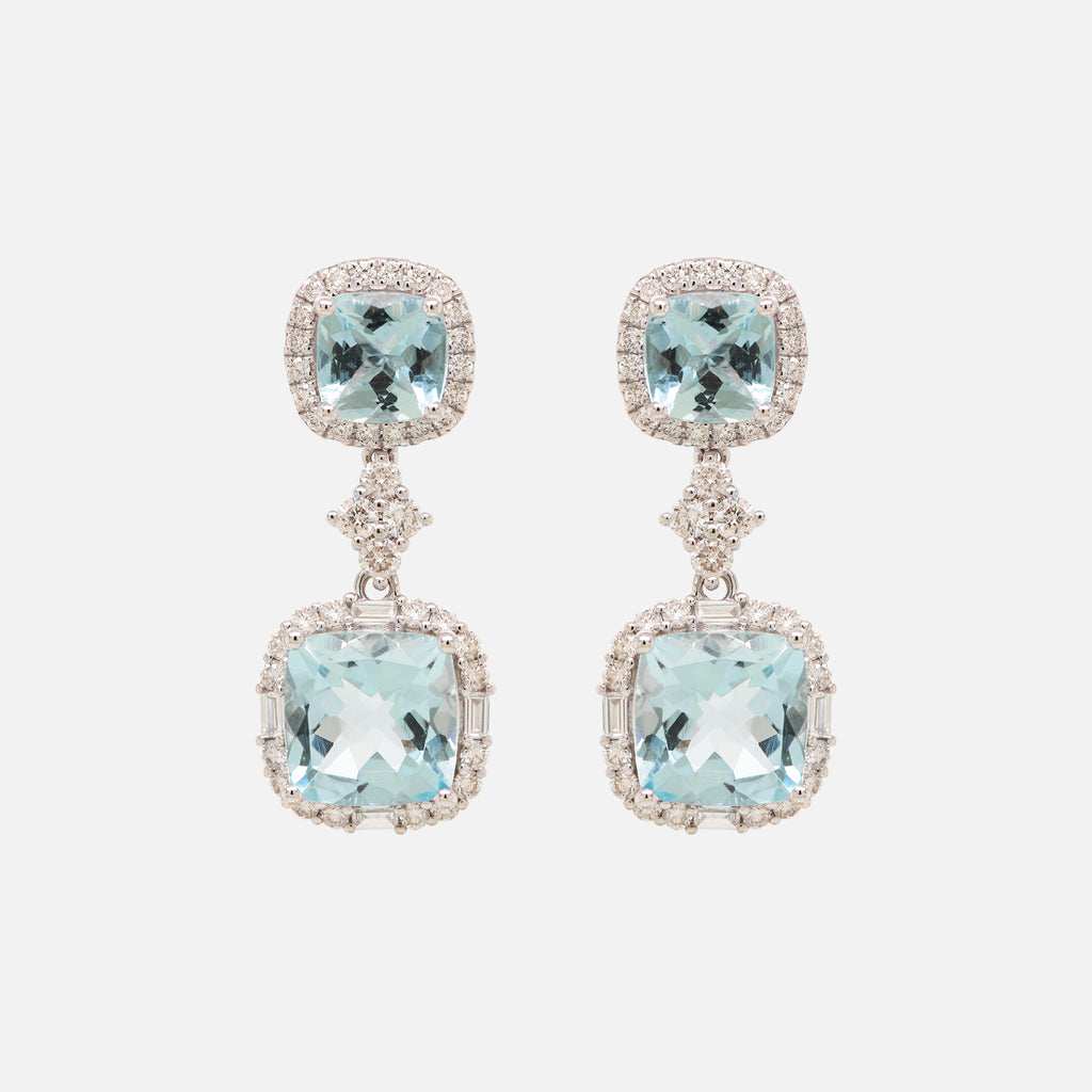 Aretes Celeste Oro Blanco 18K con Aquamarinas y Diamantes.