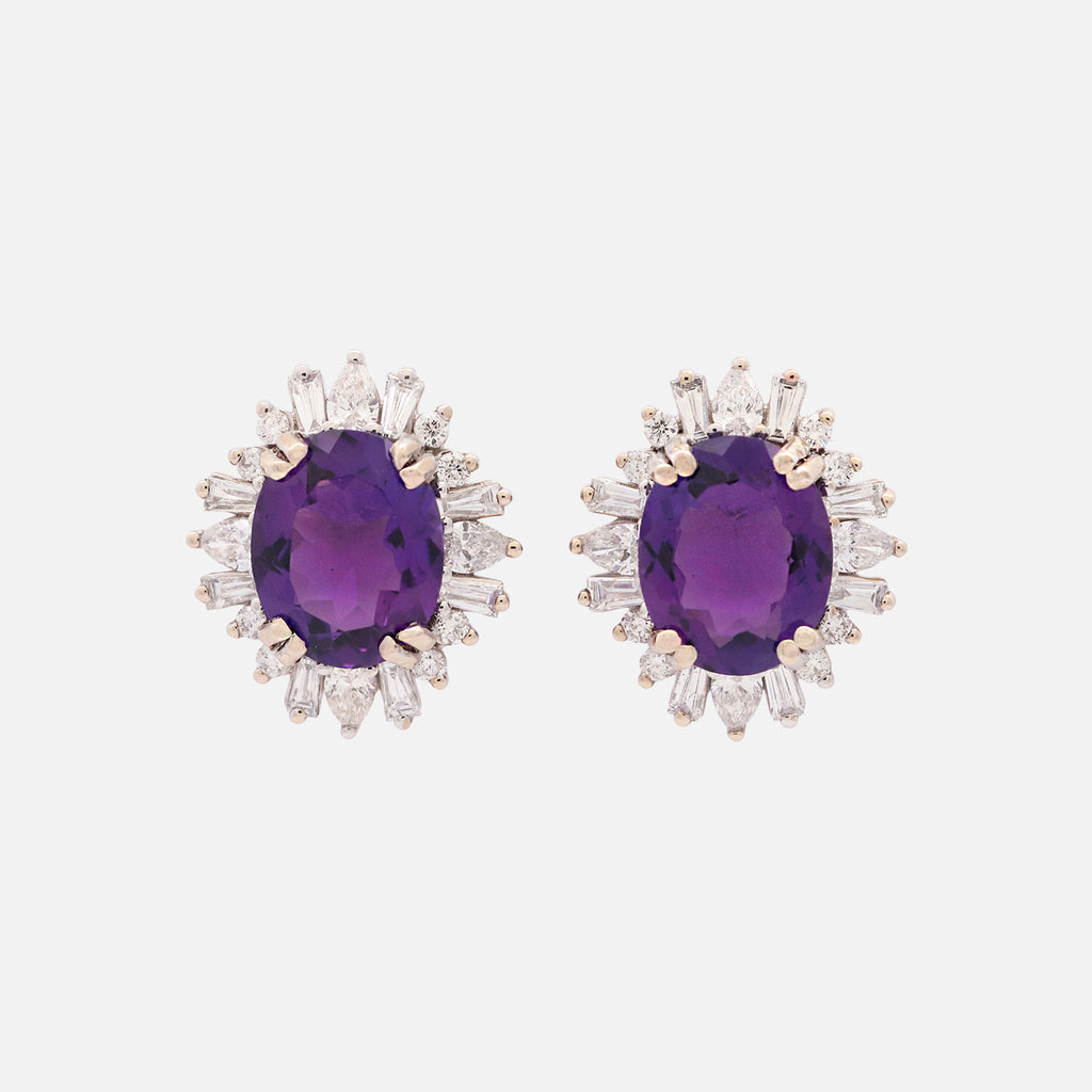 Aretes Charlotte Oro Blanco 14K con Amatistas y Diamantes.
