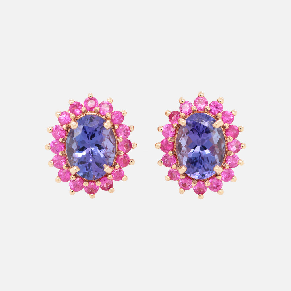 Aretes Dalia Oro Amarillo 14K con Tanzanita y Rubíes.