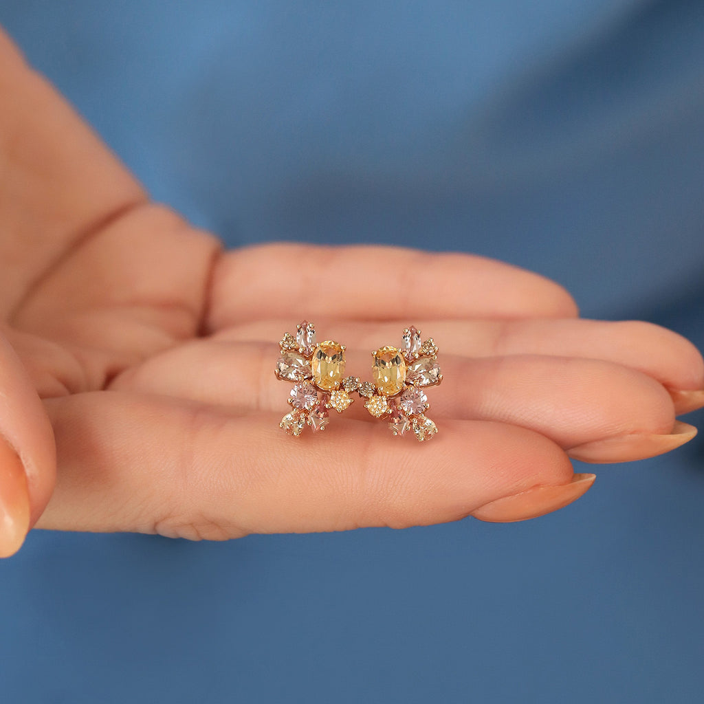 Aretes Galaxy Sunset Oro Amarillo 14K con Zafiros, Topacios Imperial y Diamantes.