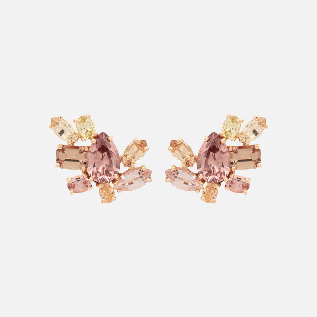 Aretes Galaxy Peach Oro Amarillo 14K con Zircones, Zafiros y Diamantes.