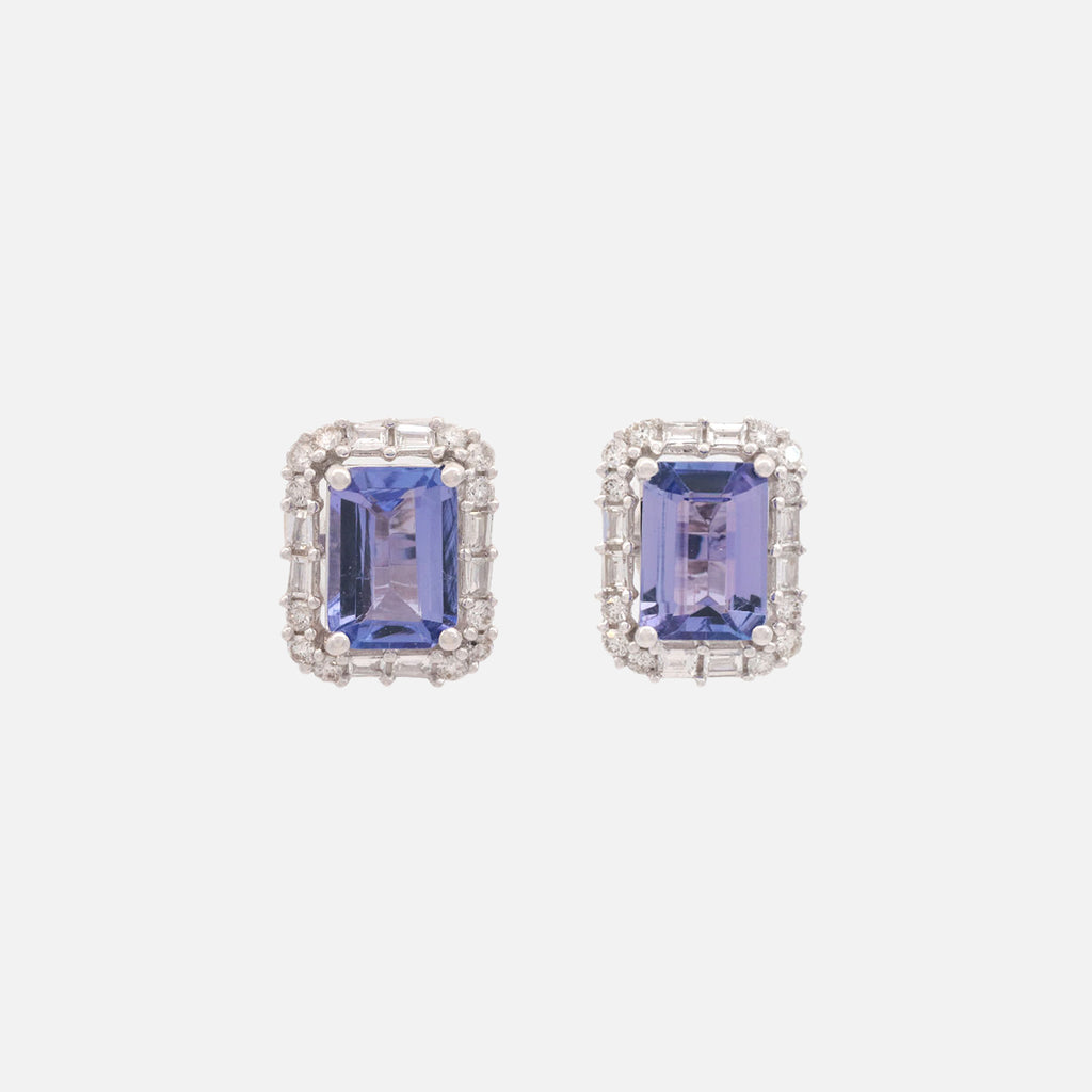 Aretes Gardenia Oro Blanco 18K con Tanzanitas y Diamantes.