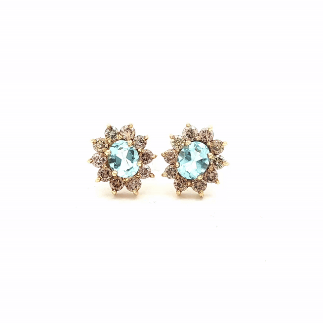 Aretes Imperial Oro Amarillo 14K con Diamantes y Aquamarina.