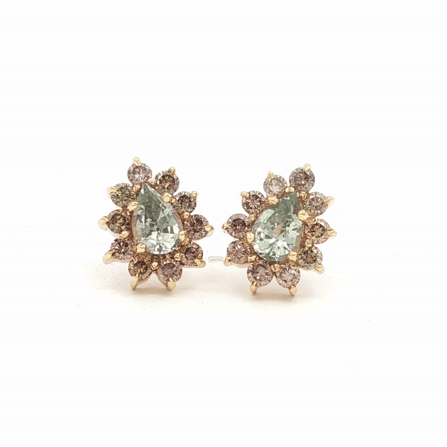 Aretes Imperial Oro Amarillo 14K con Zafiro Menta Gota y Diamantes.