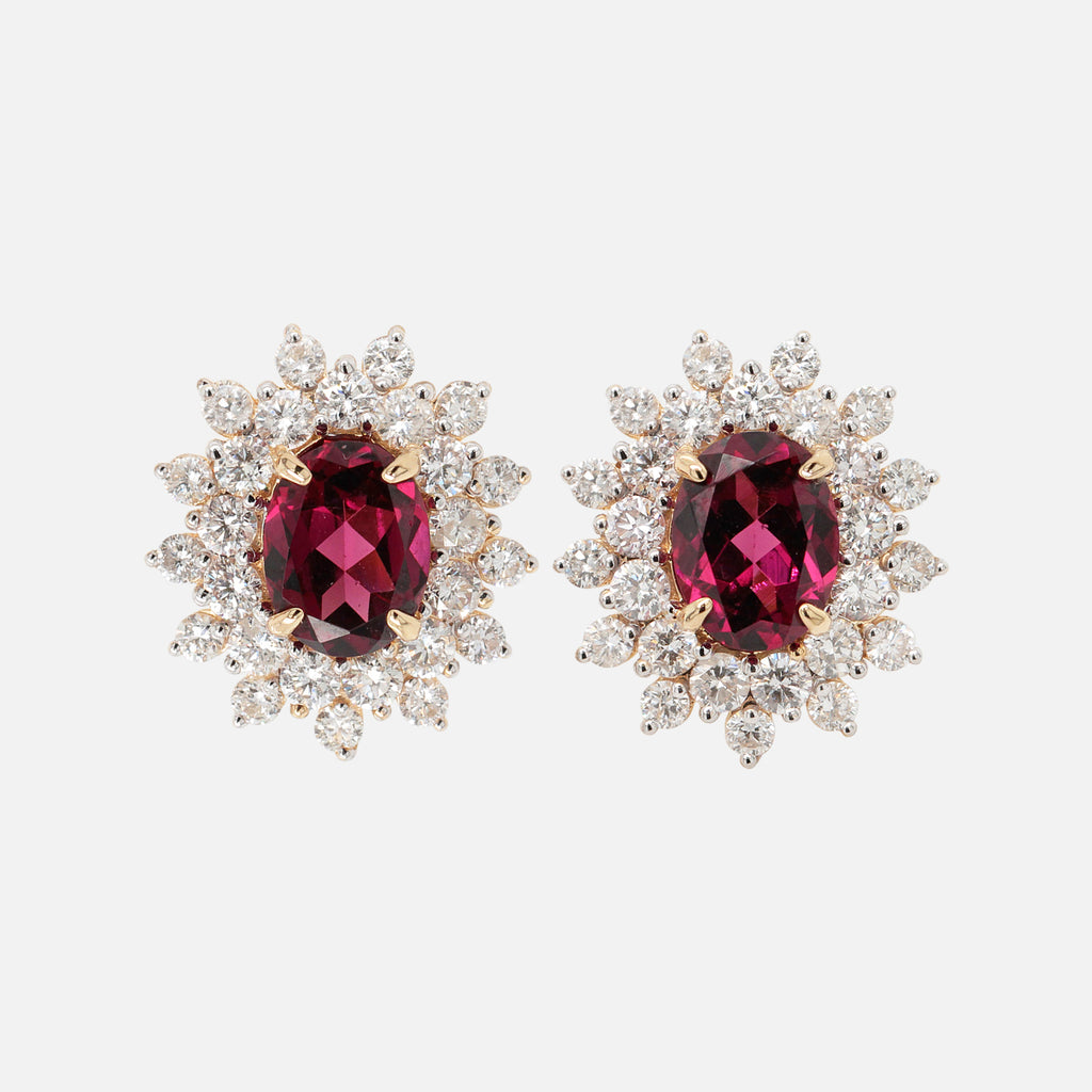 Aretes Imperio Maxi XL Oro Amarillo 14K con Granates y Diamantes.