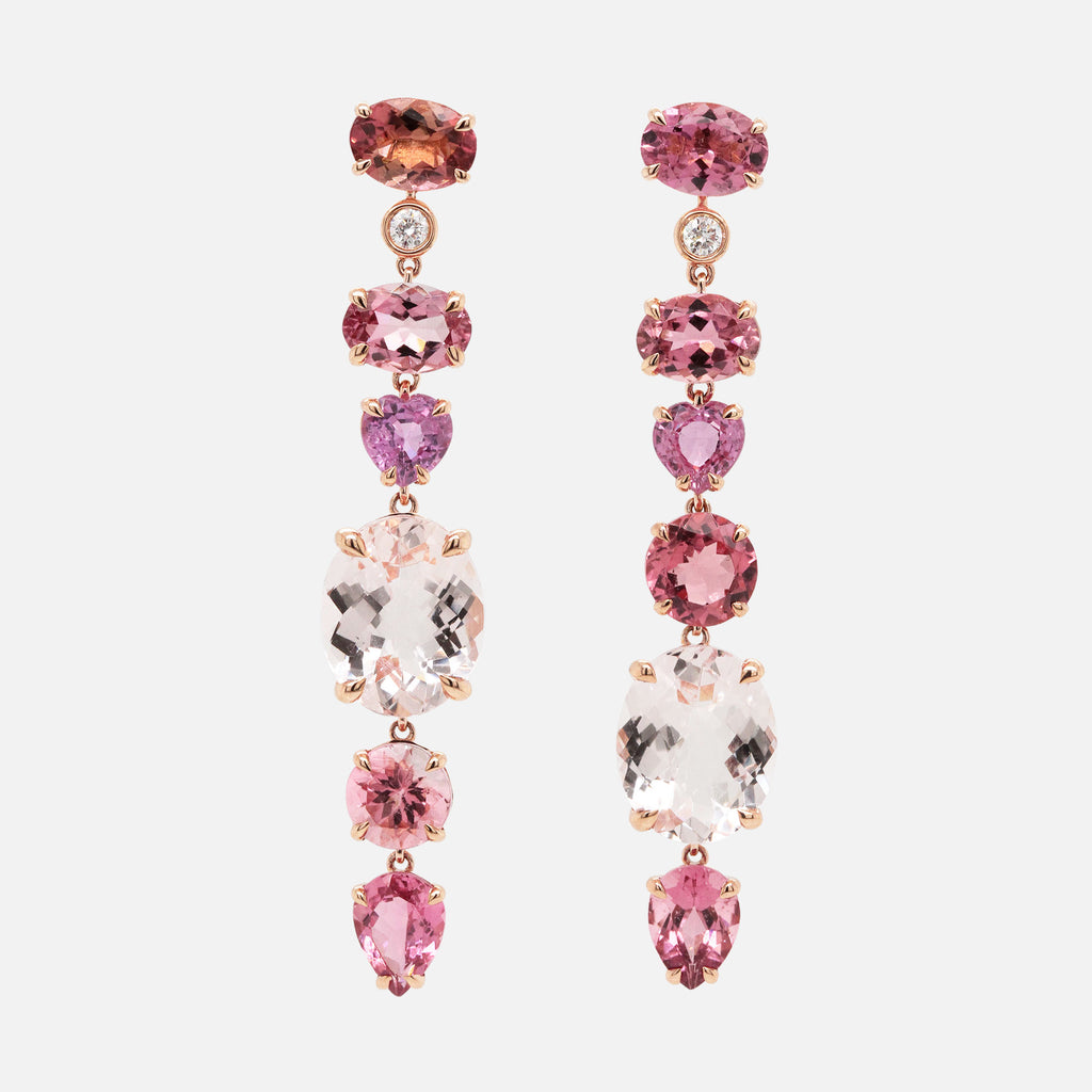 Aretes Magnolia Oro Rosa 18K con Turmalinas, Morganita, Zafiro y Diamantes.