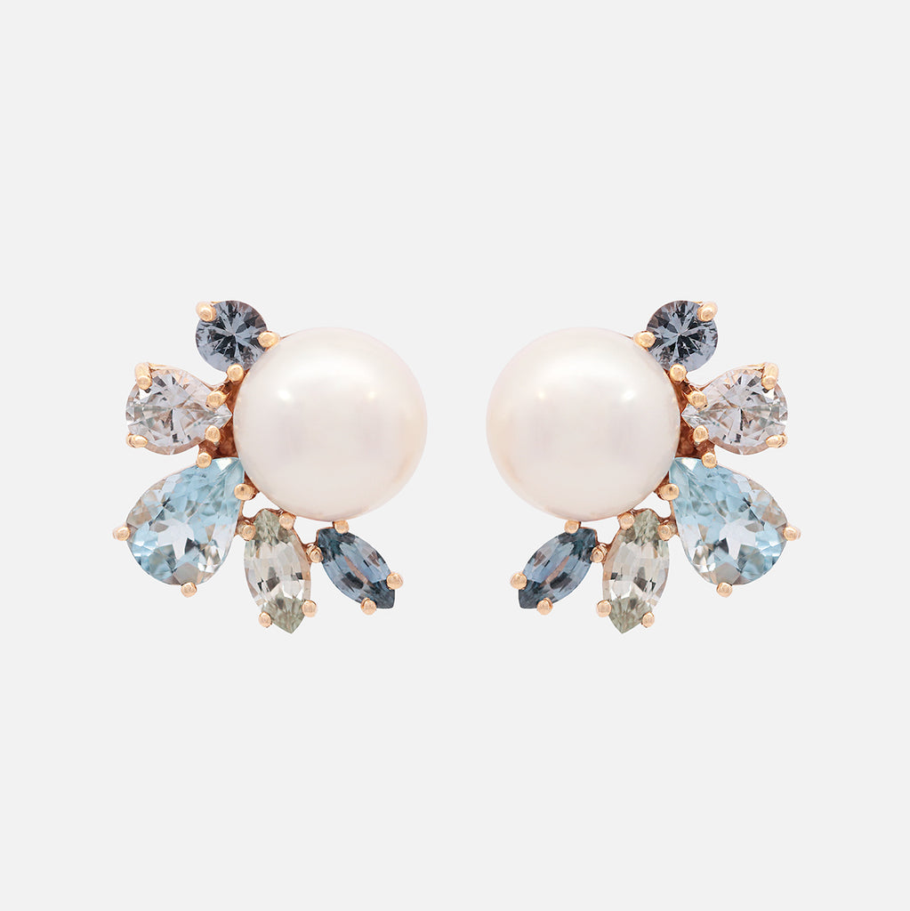 Aretes Pearl Light Blue Oro Amarillo 14K con Perlas, Zafiros y Aquamarinas.