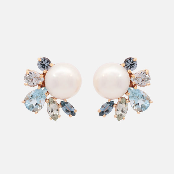 Aretes Pearl Light Blue Oro Amarillo 14K con Perlas, Zafiros y Aquamarinas.