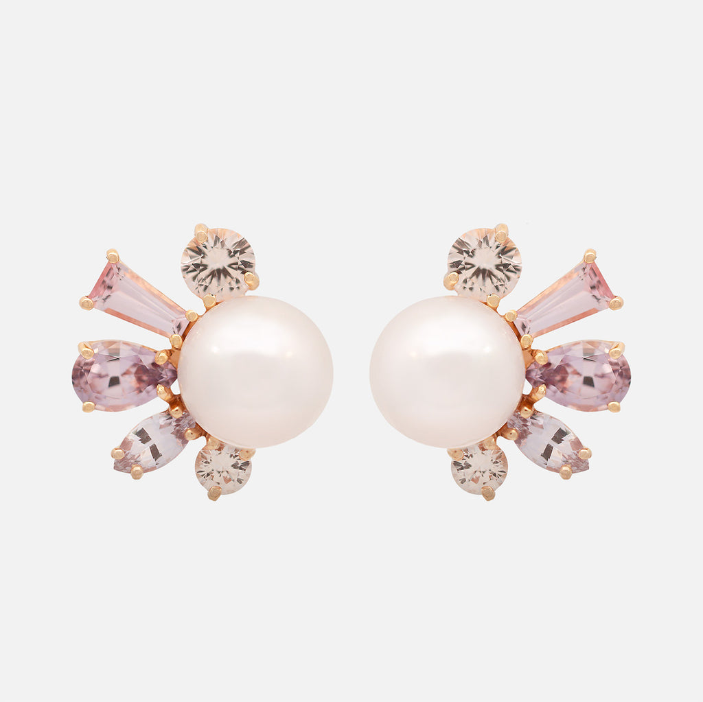 Aretes Pearl Pink Oro Amarillo 14K con Perlas, Zafiros y Espinelas.