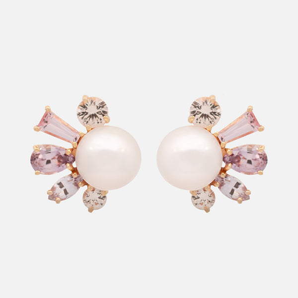 Aretes Pearl Pink Oro Amarillo 14K con Perlas, Zafiros y Espinelas.