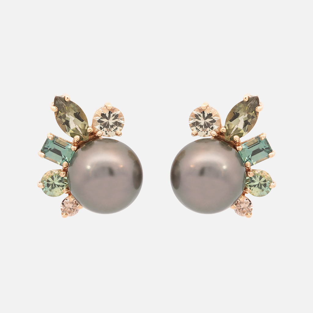 Aretes Pearl Peacoack Oro Amarillo 14K con Perlas, Zafiros, Turmalinas y Diamantes.