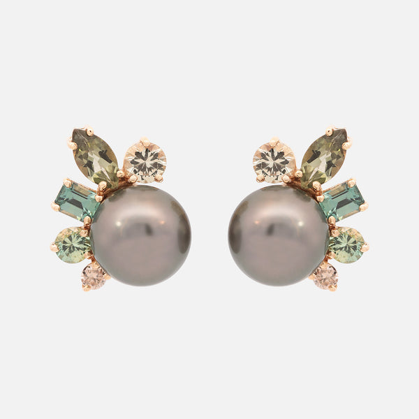 Aretes Pearl Peacoack Oro Amarillo 14K con Perlas, Zafiros, Turmalinas y Diamantes.