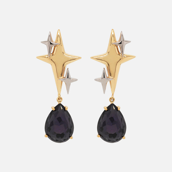 Aretes Spark Noir Plata .925 con Chapa de Oro 14K con Dobletes de Hematita y Amatista.