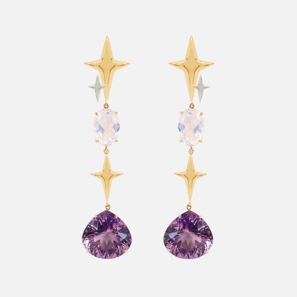 Aretes Spark Lavender Plata .925 con Chapa de Oro 14K, con Amatistas y Cuarzos Lavanda.