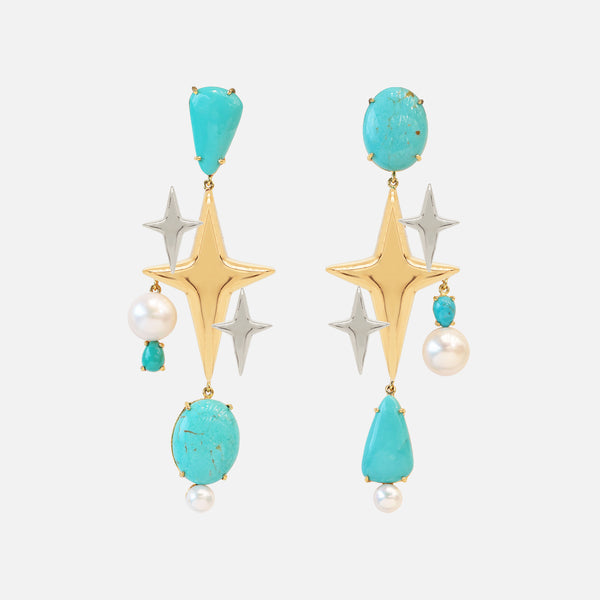 Aretes Spark Lagoon Plata .925 con Chapa de Oro 14K, con Turquesas y Perlas.